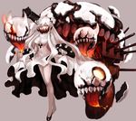  aako ahoge black_footwear breasts cleavage dress dress_lift full_body grey_background highres horns kantai_collection large_breasts long_hair looking_at_viewer midway_hime red_eyes shinkaisei-kan shoes simple_background solo upskirt very_long_hair walking white_dress white_hair white_skin 