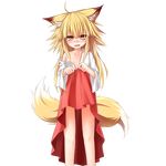  :d animal_ears blonde_hair blush flat_chest fox_ears fox_tail hakama hakama_lift haori highres japanese_clothes long_hair multiple_tails off_shoulder open_clothes open_mouth original red_hakama senbon smile solo tail transparent_background two_tails 