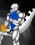 2015 anthro balls biceps big_muscles blue_scales blue_skin draco dragon erection fire flexing fur glans grin hair horn humanoid_penis knot looking_at_viewer male male/male mammal muscles penis pose proxythehusky purple_eyes solo white_dragon white_scales white_skin 