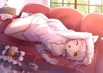  animal_ears arm_up bare_legs barefoot bell bottomless byakuya_reki cat_ears collarbone couch doll indoors long_hair long_sleeves lying md5_mismatch naked_shirt on_couch on_side one_eye_closed original shirt silver_hair solo very_long_hair window yawning yellow_eyes 
