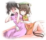  animal_ears bad_id bad_pixiv_id black_hair blush brown_eyes brown_hair bunny_ears cat_ears cat_tail chen covering_face embarrassed hug hug_from_behind inaba_tewi jewelry multiple_girls multiple_tails nekomata pendant red_eyes shuga_(soranote) tail touhou two_tails yuri 