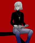  bad_id bad_pixiv_id book claude_frollo contemporary cross cross_necklace disney jewelry male_focus marimo_(yousei_ranbu) necklace one_man's_dream_ii open_book pants red_background sitting solo sweater the_hunchback_of_notre_dame turtleneck younger 