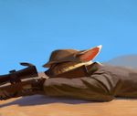  2015 anthro brown_fur canine clothed clothing desert eyes_closed female fennec fox fur gloves gun hat jacket lofi mammal painting portrait ranged_weapon rifle sand scope sky sniper_rifle solo weapon white_fur 