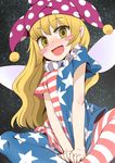  :d american_flag american_flag_dress american_flag_legwear blonde_hair blush blush_stickers clownpiece fairy_wings frilled_shirt_collar frills hat indian_style jester_cap long_hair looking_at_viewer neck_ruff open_mouth pantyhose sitting smile solo star striped striped_legwear touhou v_arms wings yassy yellow_eyes 