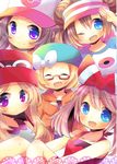  5girls bandanna bel_(pokemon) blonde_hair blue_eyes brown_hair double_bun eyes_closed glasses haruka_(pokemon) hat long_hair mei_(pokemon) multiple_girls nintendo open_mouth pokemon pokemon_(game) pokemon_bw pokemon_bw2 pokemon_oras pokemon_xy purple_eyes serena_(pokemon) short_hair smile sunglases touko_(pokemon) visor_cap wink 