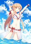  1girl :d asuna_(sao) bikini blush brown_eyes brown_hair cloud day frilled_bikini frills highres long_hair open_mouth ponytail sarong scrunchie sky smile standing strap_gap swimsuit sword_art_online water wrist_scrunchie 