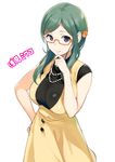 azami_miwako breasts character_name dress glasses green_hair hand_on_hip hand_on_own_chin huge_breasts jewelry necklace orange-framed_eyewear sasamori_tomoe simple_background solo tokyo_7th_sisters white_background yellow_dress 