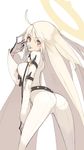  1girl ahoge ankh arc_system_works ass belt blush bodysuit breasts candy cross_necklace from_behind gloves guilty_gear guilty_gear_xrd guilty_gear_xrd:_revelator halo jack-o_(guilty_gear) large_breasts leaning leaning_forward lollipop long_hair looking_at_viewer pantylines platinum_blonde red_eyes sideboob skin_tight solo tight_pants tongue tongue_out very_long_hair 