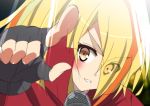  1girl blonde_hair blush eyes_visible_through_hair fingerless_gloves gloves hair_over_one_eye highres long_hair looking_at_viewer microphone nikaidou_saki pointing pointing_at_viewer sinakyo v-shaped_eyebrows yellow_eyes zombie_land_saga 