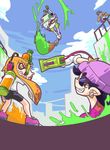  4girls aori_(splatoon) baseball_cap battle beanie bike_shorts black_hair blue_hair commentary_request domino_mask earrings gun_to_head hat headphones hotaru_(splatoon) incoming_attack ink_tank_(splatoon) inkbrush_(splatoon) inkling jewelry mask multiple_girls paint paint_splatter paintbrush pointy_ears seki_(red_shine) shirt shoes sneakers splatoon_(series) splatoon_1 splattershot_(splatoon) splattershot_jr_(splatoon) squidbeak_splatoon sunglasses super_soaker surgical_mask sweatdrop t-shirt 