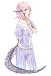  au_ra choker collarbone dragon_girl dragon_horns final_fantasy final_fantasy_xiv hair_over_one_eye horns mimimi_(echonolog) pants pink_hair puffy_short_sleeves puffy_sleeves purple_eyes short_hair short_sleeves simple_background solo white_background 