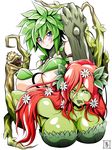  :&lt; batman_(series) blue_eyes blush breasts crossover dryad flower gigantic_breasts green_eyes green_hair green_lipstick green_skin hair_flower hair_ornament highres kii_(monster_musume) leaf lipstick long_hair makeup monster_girl monster_musume_no_iru_nichijou multiple_girls nude plant_girl plant_hair poison_ivy red_hair s-now signature simple_background tongue tongue_out trait_connection white_background 