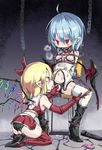  bat_wings bdsm blonde_hair blue_hair bondage bound chain chair flandre_scarlet hair_ribbon incest kneeling multiple_girls noya_makoto pointy_ears red_eyes red_legwear remilia_scarlet restrained ribbon siblings sisters sitting spread_legs thighhighs touhou white_legwear wings yuri 