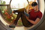  baseball_cap big_hero_6 black_eyes black_hair book bridge crossed_legs denim flower hat jeans mistermagnolia pants pen pen_biting plant reading shirt shoes sitting sneakers t-shirt tadashi_hamada window 