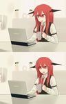  :d arm_strap coffee_mug computer cup demon_girl empty_eyes head_wings hide_the_pain_harold hinami047 juliet_sleeves koakuma laptop long_hair long_sleeves meme mug multiple_views necktie open_mouth parody photo-referenced puffy_sleeves red_eyes red_hair shirt sitting smile table touhou vest 