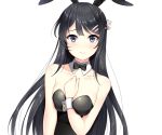  1girl animal_ears arm_between_breasts bangs bare_shoulders black_hair black_leotard black_neckwear blush bow bowtie breasts bunny_ears bunny_hair_ornament closed_mouth collar collarbone commentary_request detached_collar dutch_angle eyebrows_visible_through_hair hair_ornament hairclip hand_up leotard long_hair looking_at_viewer medium_breasts purple_eyes sakurajima_mai seishun_buta_yarou simple_background solo strapless strapless_leotard verjuice very_long_hair white_background white_collar wrist_cuffs 