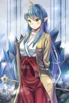  baton blue_hair breasts coat collarbone green_eyes hakama horn japanese_clothes kazo large_breasts long_hair miko momotarou_densetsu oni_horns open_clothes open_coat pointy_ears red_hakama shirt skirt solo very_long_hair yasha 