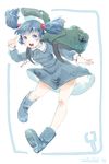  artist_name backpack bag blue_eyes blue_footwear blue_hair boots dated full_body hair_bobbles hair_ornament hat highres kawashiro_nitori key long_sleeves looking_at_viewer meiji_(charisma_serve) open_mouth outstretched_arm rubber_boots shirt skirt skirt_set solo touhou twintails upskirt 