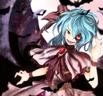  bat bat_wings belt blood blood_from_mouth blue_hair brooch capelet cravat fangs fingernails index_finger_raised jewelry leaning_back looking_at_viewer nail_polish no_hat no_headwear no_skin open_mouth red_eyes red_nails remilia_scarlet sharp_fingernails short_hair sinkai slit_pupils solo touhou vampire wings wrist_cuffs 