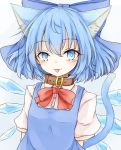  1girl :3 :p animal_ear_fluff animal_ears arms_behind_back blue_background blue_bow blue_dress blue_eyes blue_hair bow bright_pupils brown_neckwear cat_day cat_ears cat_tail cirno collar commentary_request dress eyebrows_visible_through_hair hair_between_eyes hair_bow kemonomimi_mode looking_at_viewer neck_ribbon neko_mata pinafore_dress puffy_short_sleeves puffy_sleeves red_neckwear red_ribbon ribbon shirt short_hair short_sleeves simple_background solo standing tail tongue tongue_out touhou upper_body white_pupils white_shirt wings 