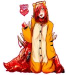  2010 animal_costume animal_print blush chinese_zodiac commentary_request flesh guro heart mado_(mukade_tou) meat_jersey_girl monster_girl new_year one-eyed open_mouth original red_hair short_hair smile solo tiger_costume tiger_print year_of_the_tiger yellow_eyes 
