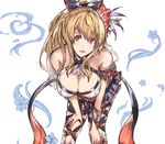  :d bare_shoulders bent_over bikini blonde_hair bow breasts cleavage empty_eyes flower granblue_fantasy hair_bow hair_flower hair_ornament highres large_breasts long_hair moko_(alice) open_mouth red_eyes simple_background smile solo swimsuit thighhighs vira_lilie white_background 