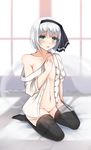  areola_slip areolae bad_id bad_pixiv_id black_legwear blush collarbone commentary green_eyes hair_ribbon highres konpaku_youmu konpaku_youmu_(ghost) naked_shirt navel no_bra no_panties off_shoulder open_clothes open_mouth open_shirt puririn ribbon shirt silver_hair sitting solo thighhighs touhou wariza window 