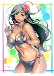  bikini braid breasts cleavage cross dark_skin floral_print flower freckles hair_flower hair_ornament hibiscus jewelry large_breasts long_hair navel necklace open_mouth original parted_lips side-tie_bikini single_braid skindentation solo standing strap_lift swimsuit tan tanline twinpoo 