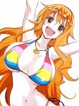  1girl :d arms_up bare_arms bare_shoulders bikini breasts brown_eyes cleavage collarbone hair_between_eyes highres jewelry large_breasts leaning_to_the_side long_hair looking_at_viewer multicolored multicolored_bikini multicolored_clothes multicolored_swimsuit nami_(one_piece) navel one_piece open_mouth orange_hair pendant side-tie_bikini side-tie_bottom sideboob skindentation smile solo stomach sukeno_yoshiaki swimsuit underboob upper_body upper_teeth very_long_hair 