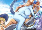  animal_ears awilda_(p&amp;d) barefoot bastet_(p&amp;d) beach_chair blonde_hair blue_eyes blue_hair blue_skin blush breasts cat_ears cat_tail choker colored_pubic_hair demon_girl earrings excessive_pubic_hair feet foot_licking foot_on_breast hat hellice_frost_demon_(p&amp;d) hera-is_(p&amp;d) hera_(p&amp;d) hood hooded_jacket horn huge_breasts jacket jewelry lactation large_breasts licking long_hair multiple_girls nipple_tweak nipples nude open_clothes open_mouth orange_hair plump pubic_hair puzzle_&amp;_dragons scorpion_tail sex size_difference small_breasts tail tears toe_sucking tongue tongue_out yohane yuri 