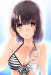  :o adjusting_hair bangs bare_arms bare_shoulders bikini bottle breasts brown_hair collarbone commentary_request hand_in_hair highres katou_megumi looking_at_viewer medium_breasts mizuki_(mizuki_ame) open_mouth parted_lips saenai_heroine_no_sodatekata short_hair solo sparkle striped striped_bikini swimsuit teeth upper_body water_bottle yellow_eyes 