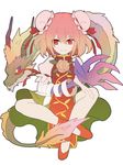  bad_id bad_twitter_id bandaged_arm bandages bun_cover double_bun dragon flower full_body ibaraki_kasen kaine_(kaine1025) looking_at_viewer pink_hair puffy_sleeves red_eyes rose shirt shoes short_hair short_sleeves simple_background skirt smile tabard touhou white_background 