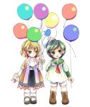  2girls absurdres aquanzu balloon black_hair blonde_hair boots cross-laced_footwear expressionless eyebrows_visible_through_hair green_eyes hat highres lace-up_boots long_sleeves looking_at_another looking_at_viewer mary_janes mizuhashi_parsee multiple_girls murasa_minamitsu sailor_hat shoes short_hair skirt smile socks string touhou twitter_bird 