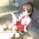  bekkankou bench brown_hair daitoshokan_no_hitsujikai highres holding holding_paper instrument loafers long_hair looking_at_viewer music_stand necktie paper papers piano plaid plaid_neckwear plaid_skirt sakuraba_tamamo school_uniform sheet_music shoes sitting_on_bench skirt smile socks solo 