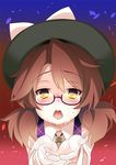  blush bow brown_eyes brown_hair cum eyebrows eyebrows_visible_through_hair facial glasses hat hat_bow open_mouth outstretched_hand red-framed_eyewear solo tororo touhou usami_sumireko wet 