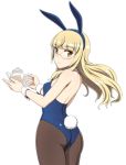  1girl animal_ears ass back bangs blonde_hair blue_leotard blunt_bangs breasts bunny_ears bunny_tail closed_mouth commentary cowboy_shot detached_collar eyebrows_visible_through_hair fake_animal_ears fake_tail from_behind glasses holding_teapot leotard long_hair looking_at_viewer looking_back nanashino pantyhose perrine_h_clostermann simple_background small_breasts smile solo standing strapless strapless_leotard strike_witches tail teapot thighs white_background wind world_witches_series wrist_cuffs yellow_eyes 