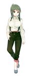  breasts capri_pants chikurin_(sasamori_tomoe) full_body green_eyes green_hair green_pants hand_on_hip large_breasts no_socks original pants pants_rolled_up sasamori_tomoe shoes simple_background solo standing suspenders turtleneck white_background 