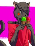  &lt;3 2015 anthro black_fur black_hair cat clothed clothing darkgrim darkgrim2 dessert feline food fur girly goth green_eyes hair ice_cream licking looking_at_viewer male mammal shirt simple_background siriuswolfus smile solo teenager tongue tongue_out white_sclera young 
