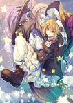  black_gloves blonde_hair blush boots bow braid broom broom_riding fal_maro full_body gloves gradient gradient_background grin hair_bow hair_ornament hat hat_ribbon kirisame_marisa long_hair looking_at_viewer ribbon shirt side_braid single_braid skirt smile solo star touhou turtleneck v vest witch_hat yellow_eyes 