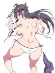  back bad_id bad_pixiv_id bandaged_arm bandages bikini black_hair blush breasts cameltoe danua draph from_behind granblue_fantasy horn_ornament horns hyouzou_(xghsnx) large_breasts long_hair looking_at_viewer looking_back pointy_ears profile red_eyes sideboob simple_background solo swimsuit untied untied_bikini white_background white_bikini 