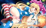  american_flag_dress american_flag_legwear ass bangs blonde_hair blush breasts clownpiece dress earth fairy fairy_wings from_behind hat high_heels highres impossible_clothes impossible_shirt jester_cap kamiya_tomoe large_breasts long_hair looking_at_viewer looking_back open_mouth panties pantyshot pantyshot_(standing) pink_eyes pink_panties polka_dot polka_dot_hat red_eyes shirt shoes smile solo space standing star striped striped_legwear thighhighs torch touhou underwear upskirt very_long_hair wings 