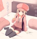  arm_support blonde_hair brown_eyes cabbie_hat doma_umaru hat himouto!_umaru-chan hood hoodie index_finger_raised kujiran long_hair on_bed pillow smile solo thighhighs 
