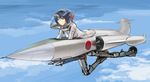  aircraft airplane ass black_hair blue_eyes blue_sky bodysuit cloud day f-104_starfighter flying helmet japan kuuro_kuro mecha military missile original pilot pilot_suit science_fiction short_hair sky smile solo spacesuit 