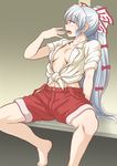  barefoot bow breasts cleavage commentary_request fujiwara_no_mokou hair_bow hot iromeki_overdrive long_hair no_bra open_clothes open_mouth open_shirt ponytail red_eyes shirt shorts silver_hair sitting sketch small_breasts solo suspender_shorts suspenders tied_shirt touhou very_long_hair 