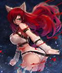  animal_ears anklet arm_warmers armpits arms_at_sides ass belt breasts cowboy_shot from_behind goomrrat green_eyes highres huge_breasts jewelry katarina_du_couteau kitty_cat_katarina league_of_legends long_hair looking_at_viewer midriff off_shoulder red_hair scar scar_across_eye sideboob solo tongue tongue_out 