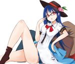  bare_legs bespectacled blouse blue_hair bottomless breasts food fruit glasses hat hinanawi_tenshi long_hair medium_breasts open_mouth peach red_eyes short_sleeves solo tetsurou_(fe+) touhou white_blouse 