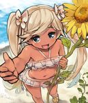  :d beach bikini blonde_hair blue_eyes fang flower frilled_bikini frills gradient_hair granblue_fantasy groin holding holding_flower io_euclase itsukia long_hair looking_at_viewer multicolored_hair navel open_mouth smile solo sunflower swimsuit tan twintails twitter_username water 