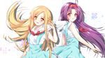  asuna_(sao) bad_id bad_pixiv_id brown_eyes brown_hair dress hairband long_hair multiple_girls purple_hair raind red_eyes sailor_collar sword_art_online yuuki_(sao) 