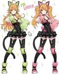  ;) ahoge animal_ears artist_name bad_id bad_pixiv_id blonde_hair breasts cat_ear_headphones cleavage contrapposto cosplay engrish full_body gloves hand_on_hip headphones heart hoshii_miki idolmaster idolmaster_(classic) knee_pads long_hair looking_at_viewer lucky_chloe lucky_chloe_(cosplay) medium_breasts multiple_views one_eye_closed paw_gloves paws ranguage ready!! rod_(rod4817) smile sparkle standing tail thighhighs twintails zettai_ryouiki 