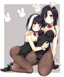  animal_ears ao_no_neko asymmetrical_bangs bangs bare_arms bare_shoulders black_footwear black_hair black_leotard blue_eyes blush border bow bowtie breasts brown_legwear bunny_ears bunny_girl bunny_tail bunnysuit cleavage commentary_request covered_navel covered_nipples detached_collar fake_animal_ears fake_tail full_body grey_background high_heels hug kneeling large_breasts leotard long_hair looking_at_viewer multicolored multicolored_eyes multiple_girls original outside_border pantyhose red_neckwear shiny shiny_clothes shiny_hair shoe_soles short_hair simple_background sitting strapless strapless_leotard tail white_border wing_collar wrist_cuffs 